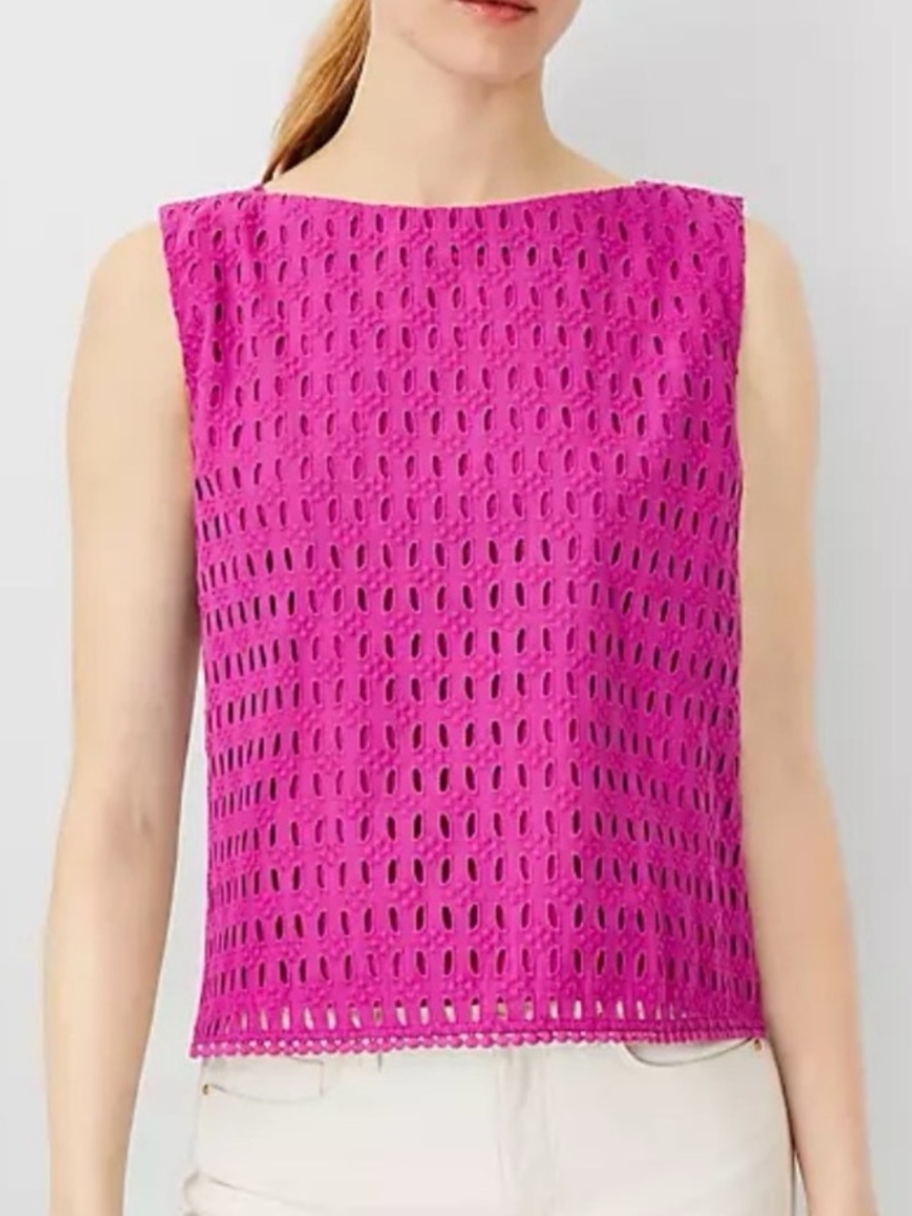 Ann Taylor Eyelet Trim Boatneck Top in Magenta Shadow